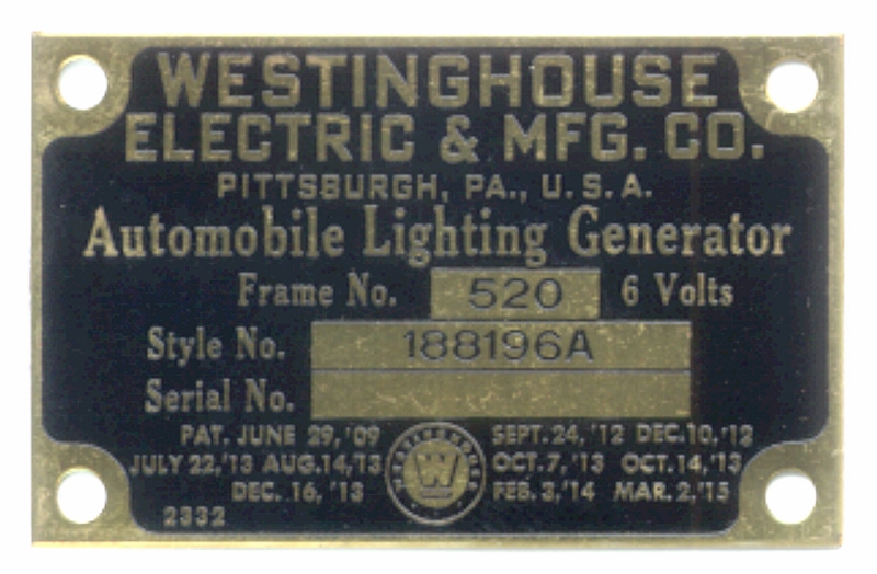 Westinghouse Generator Plate