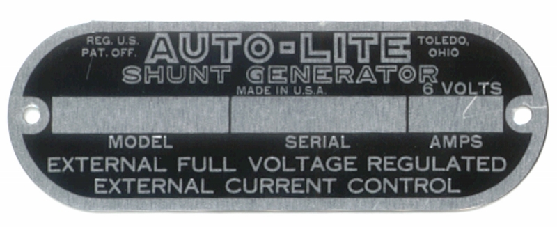 Auto-Lite Shunt Generator Plate